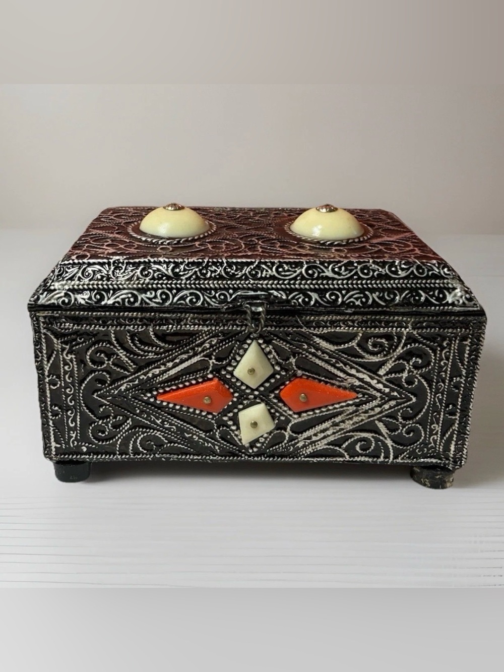Moroccan Metal Trinket Box, Decorative Colored Inlays Black Silver Red Cream